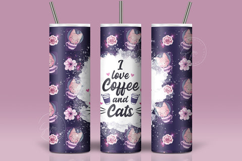 I Love Coffee And Cats Tumbler Wrap PNG, Cute Cat And Coffee design tumbler, Cat In Cup, Skinny 20 oz Seamless Sublimation Design, Digital Downloads Sublimation Syre Digital Creations 