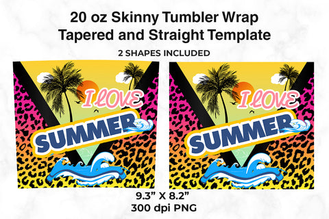 I Love Summer Beach Sunset and Leopard Neon 20 oz Skinny Tumbler Wrap Design Sublimation Sublimatiz Designs 