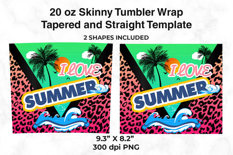 I Love Summer Beach Sunset and Pink Leopard Neon 20 oz Skinny Tumbler Wrap Design Sublimation Sublimatiz Designs 