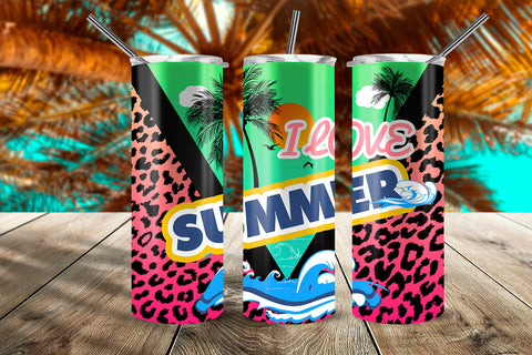 I Love Summer Beach Sunset and Pink Leopard Neon 20 oz Skinny Tumbler Wrap Design Sublimation Sublimatiz Designs 
