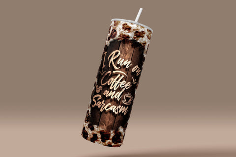 I Run On Coffee And Sarcasm Quote Tumbler Wrap PNG, Animal Print, Leopard Fur, Skinny 20 oz PNG, Seamless Sublimation, Digital Downloads Sublimation Syre Digital Creations 