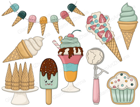 Ice Cream Clipart | Retro Groovy Graphics Set SVG GlamArtZhanna 