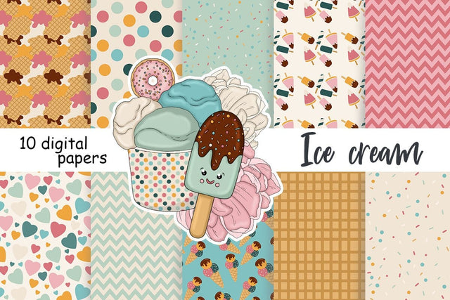 Ice Cream Cone Digital Paper | Retro Seamless Pattern Set Digital Pattern GlamArtZhanna 