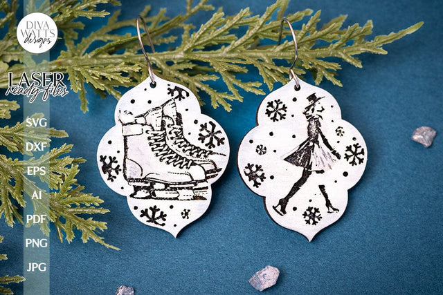 Ice Skate Earrings SVG For Laser Earrings With Ice Skating Glowforge Earrings Christmas SVG Winter Earrings For Glowforge Skater SVG Earring SVG Diva Watts Designs 