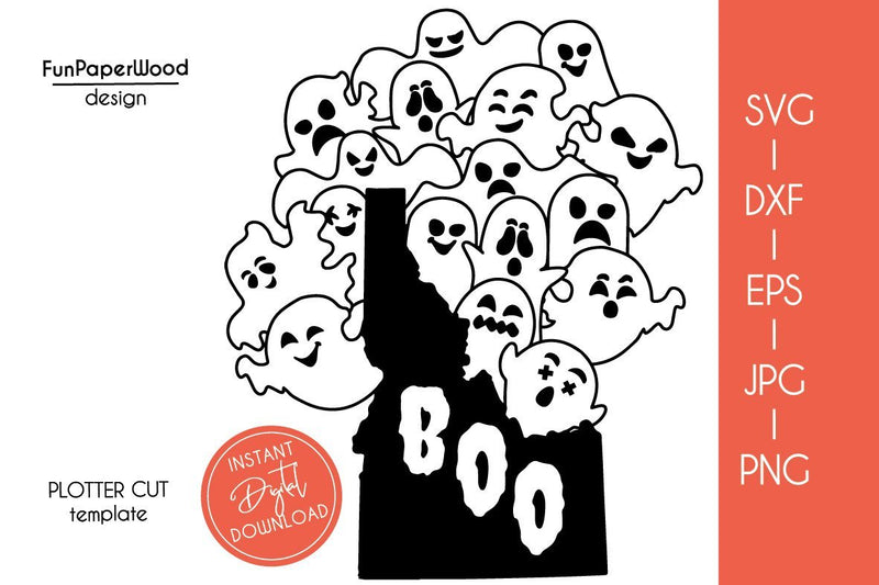 Idaho ID state map Cute Halloween Boo scary ghosts faces SVG DXF EPS PNG JPEG SVG FunPaperWood 