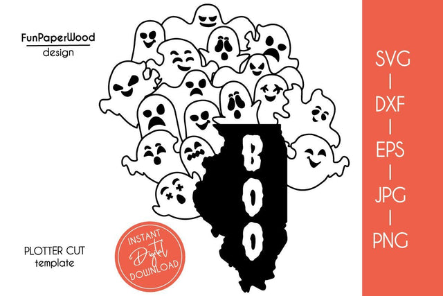 Illinois IL state map Cute Halloween Boo scary ghosts faces SVG DXF EPS PNG JPEG SVG FunPaperWood 