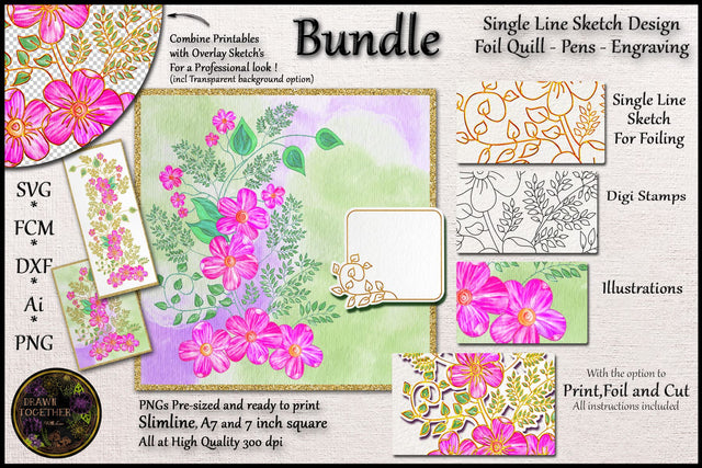 Illustrations | Single line Sketch | Digital Stamps | Primrose and Ferns Sketch DESIGN DrawnTogether with love 