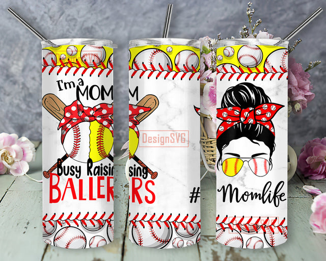 I'm Mom Busy Raising Ballers Tumbler Png, Baseball Mom 20oz Skinny Tumbler, Mom Life Tumbler Png, Baseball Messy Bun Design Tumbler, Sport Mom Sublimation Design, Instant Download Sublimation DesignSVG 