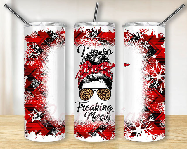 I’m so freaking merry Buffalo plaid Christmas holiday season tumbler PNG, Messy Mom Hair Bun 20oz Skinny Tumbler Sublimation Designs Sublimation BouDesign 