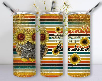 In A World When You Can Be Anything Be Kind Owl Sunflower Hippie Vintage Background Sunflower Sublimation Designs Downloads, Skinny Tumbler 20oz Design Download PNG Sublimation PixelChick 