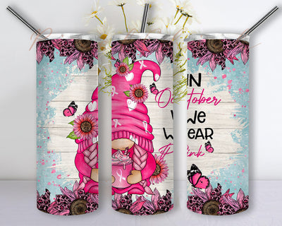 In October We Wear Pink 20oz Skinny Tumbler Png, Breast Cancer Tumbler, Cancer Ribbon Tumbler, Cancer Awareness Png, Pink Sunflower Leopard Sublimation PixelChick 