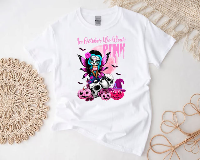 In October We Wear Pink Fairy On Skull, Breast Cancer Awareness, Breast Cancer Png, Skull Png, Pink Rippon, Halloween Sublimation Sublimation BouDesign 