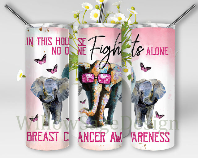 In This House No One Fights Alone Tumbler Png, Breast Cancer Awareness 20oz Skinny Tumbler, Elephant And Butterflies Tumbler Wrap, Awareness Sublimation Design, Instant Download Sublimation WillowSageDesign 