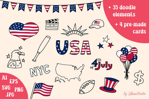 Independence Day | USA Doodle Clipart Elements | July 4 Cards SVG AnnaViolet_store 