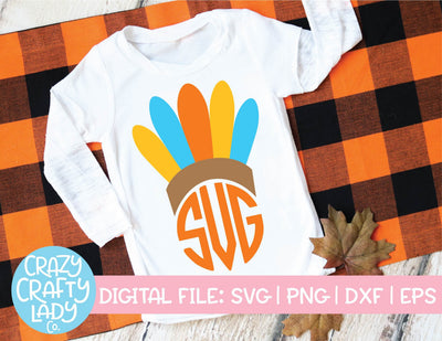 Indian Headdress Monogram Frame | Thanksgiving SVG Cut File SVG Crazy Crafty Lady Co. 