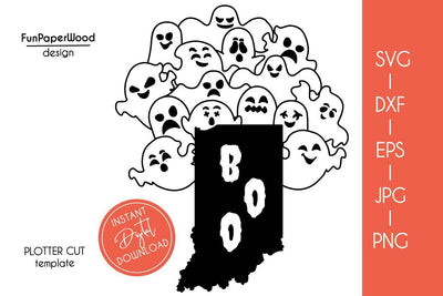 Indiana IN state map Cute Halloween Boo scary ghosts faces SVG DXF EPS PNG JPEG SVG FunPaperWood 