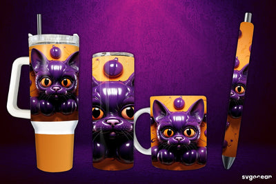 Inflated Black Cat Wrap Bundle | Tumbler | Mug | Pen Sublimation SvgOcean 