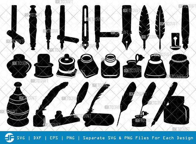 Inkwell Pen SVG Cut Files | Inkwell Pen Silhouette | Feather Pen Svg | Fountain Pen Svg | Inkwell Pen Bundle SVG ETC Craft 