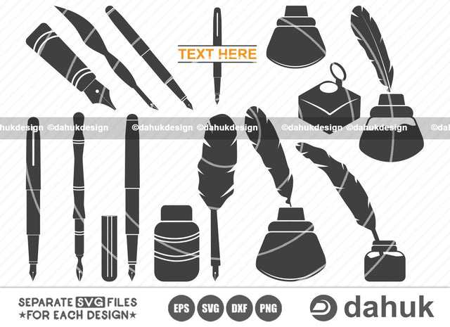Inkwell pen SVG, Fountain pen Icons, Fountain pen, inkwall svg, Inkwell with feather engraving, Feathers SVG, Cut file for silhouette, svg, eps, dxf, png, clipart cricut design space, vinyl cut files SVG dahukdesign 