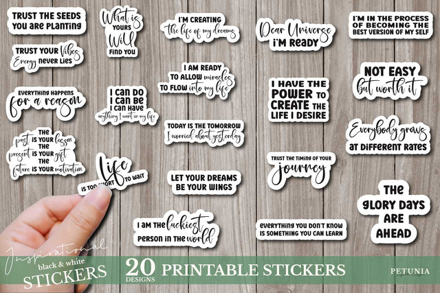 Inspirational Printable Sticker Bundle Black and White Sublimation Petunia Digital Design 