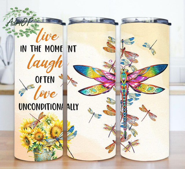 Inspirational Quote 20oz Skinny Tumbler, Live In The Moment Love Unconditionally Tumbler Design, Dragonfly Tumbler Png, Sunflower Design Png, Instant Download Sublimation AdriOP 