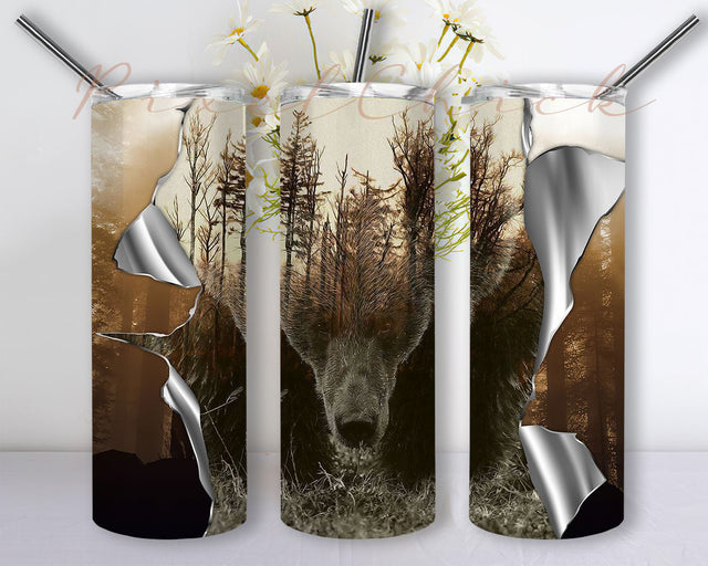 Into the Forest Bear Sublimation Designs Downloads, Skinny Tumbler 20oz Design Download PNG Sublimation PixelChick 
