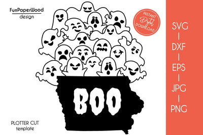 Iowa IA state map Cute Halloween Boo scary ghosts faces SVG DXF EPS PNG JPEG SVG FunPaperWood 