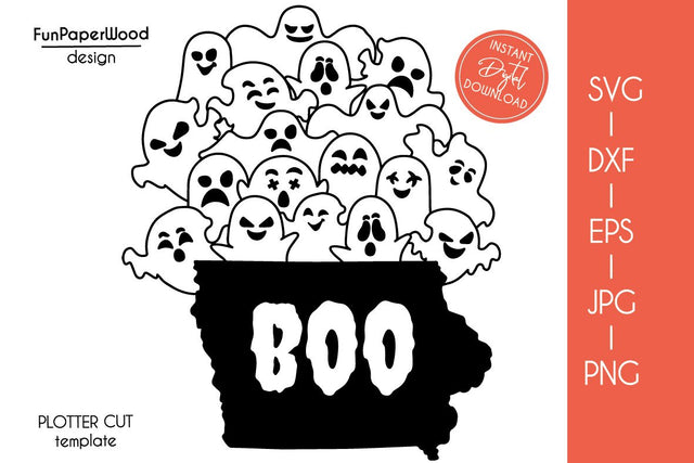 Iowa IA state map Cute Halloween Boo scary ghosts faces SVG DXF EPS PNG JPEG SVG FunPaperWood 