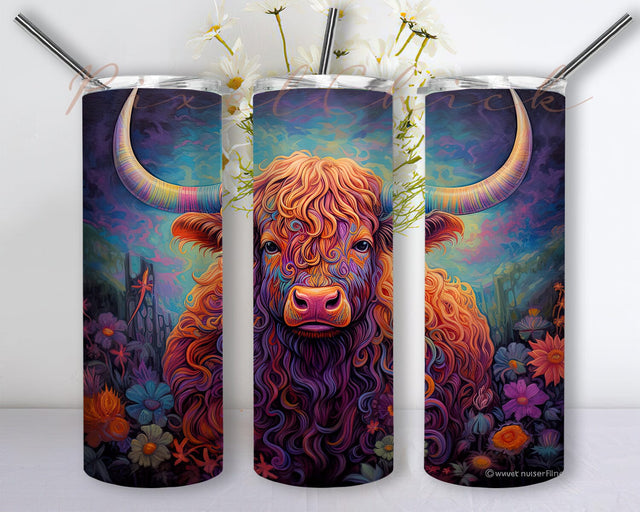 Iridescent Highland Cow 20oz Skinny Tumbler Sublimation Design, Highland Cow Tumbler, Seamless Funny Highland Cow Tumbler Sublimation Design, Cow Tumbler Png Sublimation PixelChick 