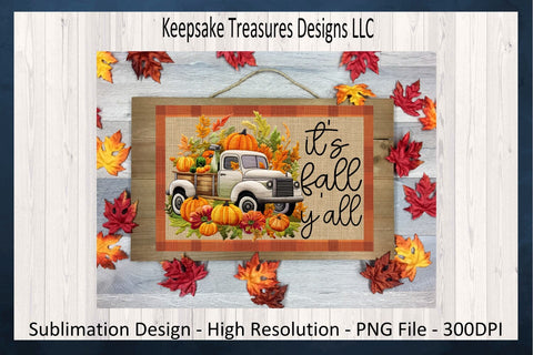 It's Fall Y'all Faux Embroidery Pumpkin Vintage Truck, Doormat Design, Wooden Door Sign, Sublimation Printable PNG, Digital Download Sublimation Keepsake Treasures Designs LLC. 