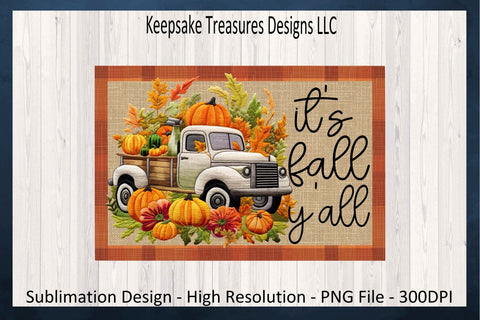 It's Fall Y'all Faux Embroidery Pumpkin Vintage Truck, Doormat Design, Wooden Door Sign, Sublimation Printable PNG, Digital Download Sublimation Keepsake Treasures Designs LLC. 