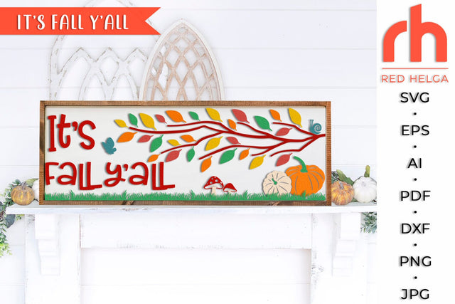 It’s Fall Y’all SVG, Autumn Horizontal Porch Sign Cut File, Fall Branch Silhouette, Thanksgiving Decor DXF, Harvest Sign Vector SVG RedHelgaArt 