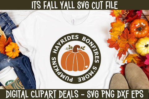 It's Fall Y'all SVG Design - Fall Pumpkins, Hayrides, Bonfires, S'mores SVG SVG Digital Clipart Deals 