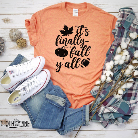 It's Finally Fall Y'all with Maple Leaf, Pumpkin and Football SVG Cloth and Pine Designs 