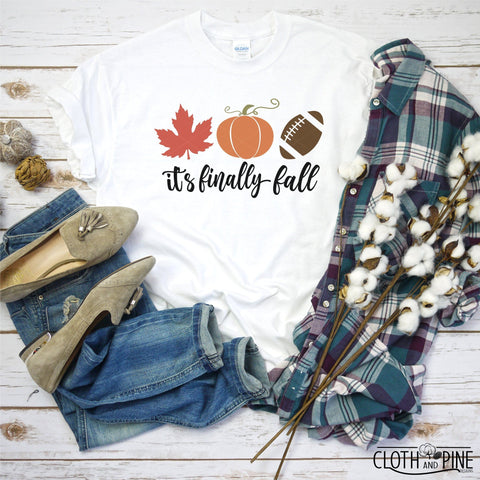 It's Finally Fall Y'all with Maple Leaf, Pumpkin and Football SVG Cloth and Pine Designs 