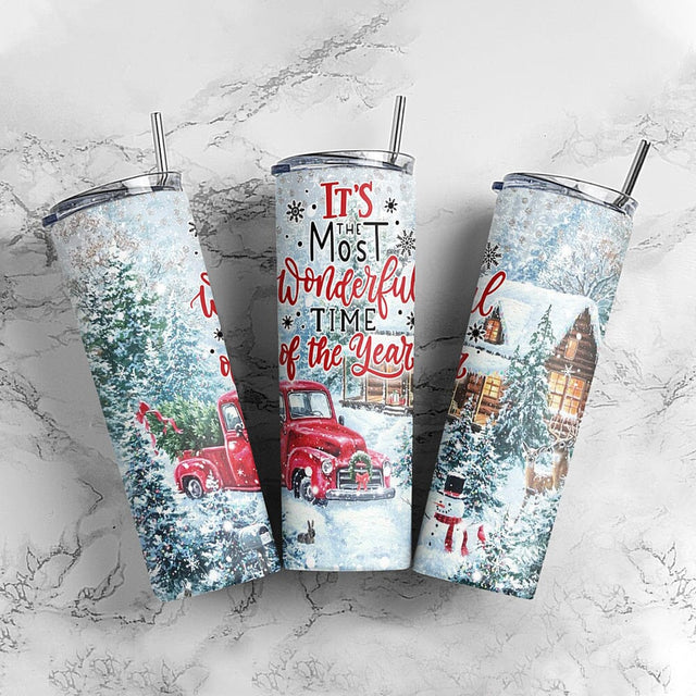 It's The Most Wonderful Time Of The Year 20oz Skinny Tumbler, Christmas Truck Tumbler PNG Sublimation Designs Sublimation CaldwellArt 
