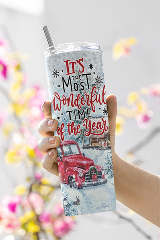 It's The Most Wonderful Time Of The Year 20oz Skinny Tumbler, Christmas Truck Tumbler PNG Sublimation Designs Sublimation CaldwellArt 