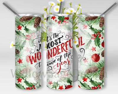 It's The Most Wonderful Time Of The Year Design Tumbler, Merry Christmas 20oz Skinny Tumbler, Christmas Tree Tumbler Wrap, Christmas Holly Png, Instant Download Sublimation WillowSageDesign 