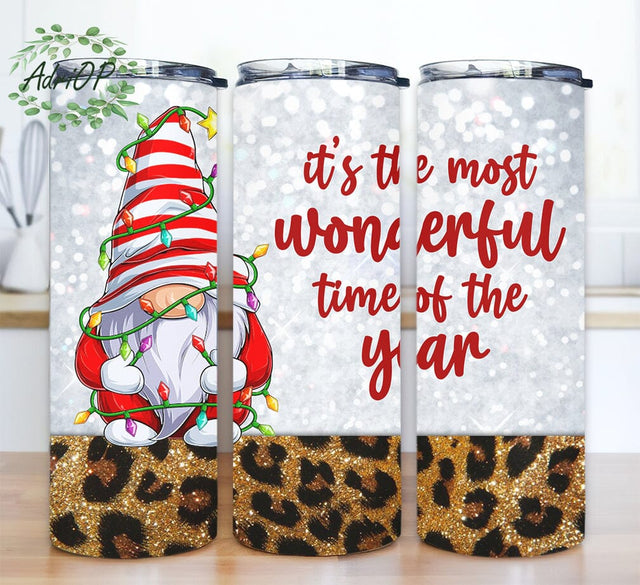 It's The Most Wonderful Time Of The Year Gnome 20oz Skinny Tumbler Png, Glitter Leopard Tumbler, Christmas Gnome Tumbler, Santa Png, Gnomes Sublimation Png Sublimation AdriOP 