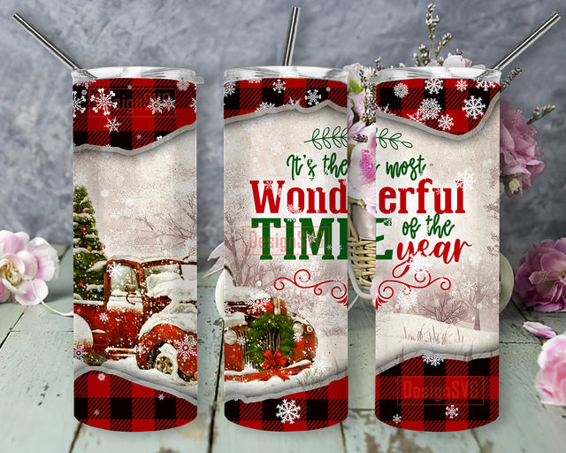 It's The Most Wonderful Time Of The Year Png, Christmas Trucks Tumbler Png, Christmas 20oz Skinny Tumbler, Buffalo Plaid Snowflakes Tumbler Wrap, Instant Download Sublimation DesignSVG 