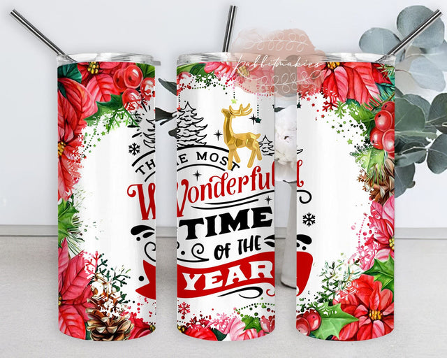 It's The Most Wonderful Time Of The Year Tumbler Png, Merry Christmas 20oz Skinny Tumbler, Christmas Holly Poinsettia Tumbler Wrap, Instant Download Sublimation Rabbitmakies 
