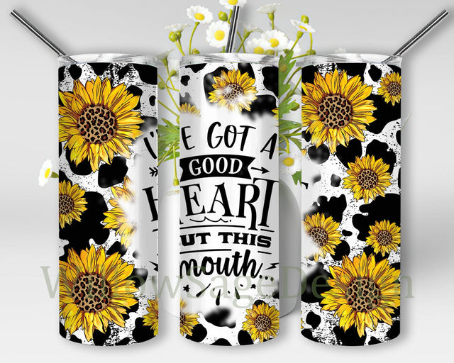 I've Got A Good Heart But This Mouth 20oz Skinny Tumbler Png, Sunflower Tumbler, Cowhide Tumbler, Stainless Steel Tumbler, Floral Design Digital Download Sublimation WillowSageDesign 