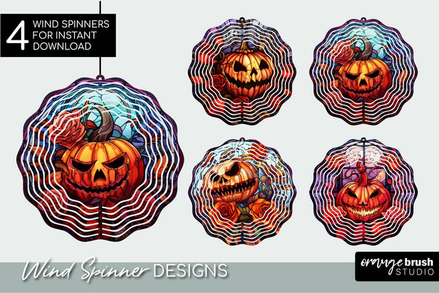 Jack O'Lantern Stained Glass Halloween Wind Spinner Bundle Sublimation OrangeBrushStudio 