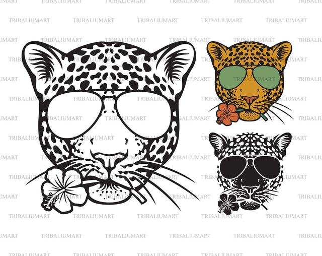 Jaguar head with aviator sunglasses and hibiscus flower SVG TribaliumArtSF 