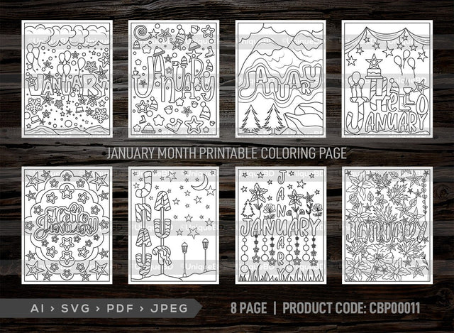 January Month Printable Coloring Page Bundle, PDF Colouring Book, Instant Download, CBP00011 SVG ETC Craft 