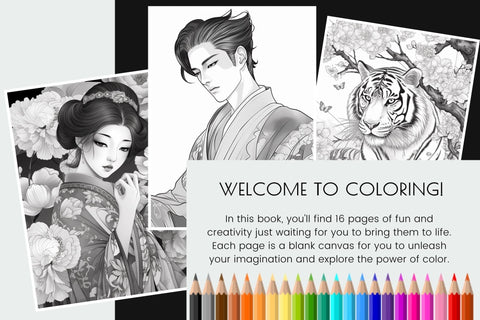 Japanese Coloring Page Bundle, Printable Adult Coloring Book Sublimation OrangeBrushStudio 