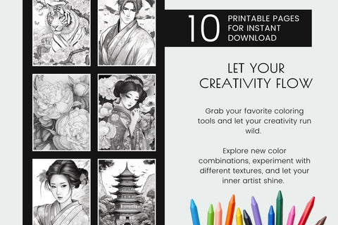 Japanese Coloring Page Bundle, Printable Adult Coloring Book Sublimation OrangeBrushStudio 