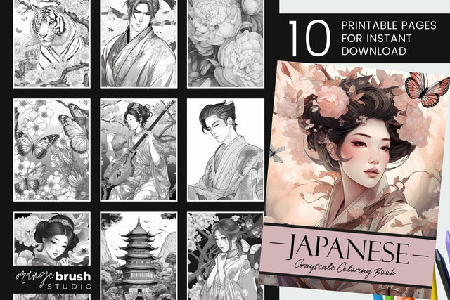 Japanese Coloring Page Bundle, Printable Adult Coloring Book Sublimation OrangeBrushStudio 