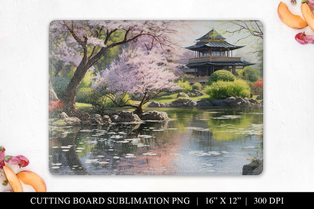Japanese Garden Cutting Board Sublimation Design PNG Sublimation BijouBay 