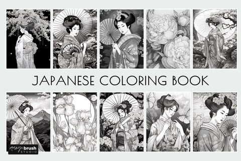 Japanese Geisha Coloring Book, 10 Greyscale Coloring Pages Sublimation OrangeBrushStudio 